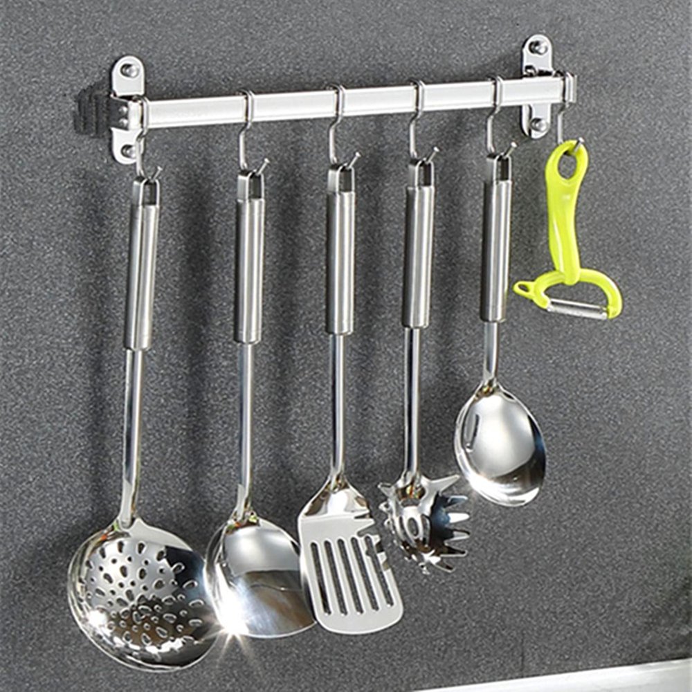 Bonlting 14.6 Inch Kitchen Utensil Hanger Holder Stainless Steel Hanging Pot Rack Hanger with 6 Hooks for Kitchen Bathroom Living Room(Silver)