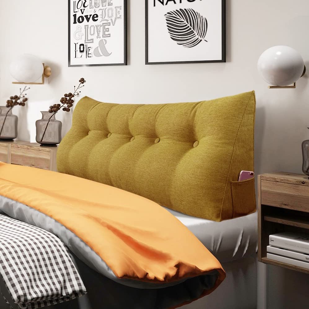 BNCKTRD Queen Size Triangle Reading Pillow - Large Bolster Back Support for Sitting Up in Bed, XXL Couch Daybed Bed Rest Backrest Cushion - Linen Yellow