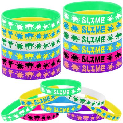 Oringaga 24PCS Rainbow Slime Themed Rubber Wristbands -Art Paint Silicone Bracelets Party Supplies Birthday Wedding Party Favors