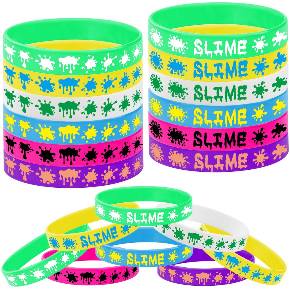 Oringaga 24PCS Rainbow Slime Themed Rubber Wristbands -Art Paint Silicone Bracelets Party Supplies Birthday Wedding Party Favors