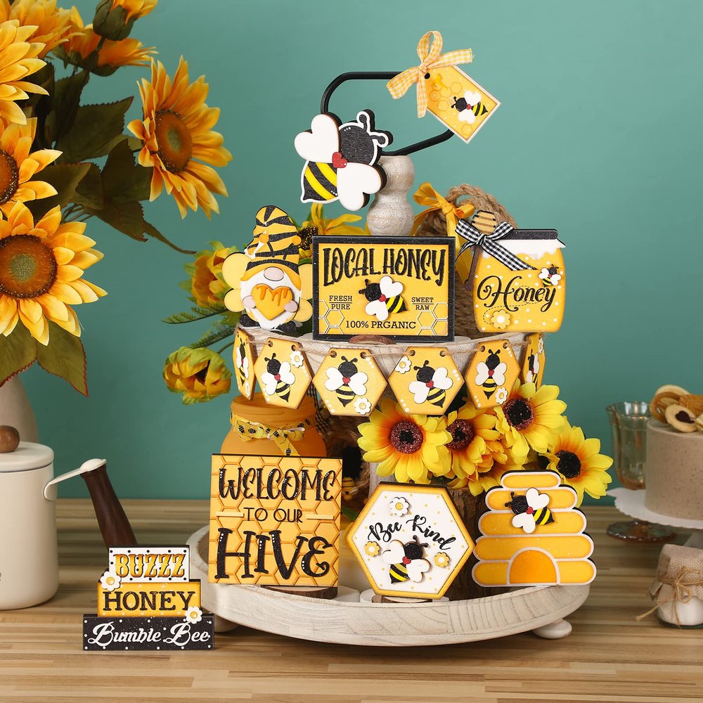 15 Pieces Summer Tiered Tray Decor Honey Bee Tier Farmhouse Mini Wood Wooden Sign Spring Decorative Trays Signs Rustic for Home Table Kitchen Office (Honey Style)