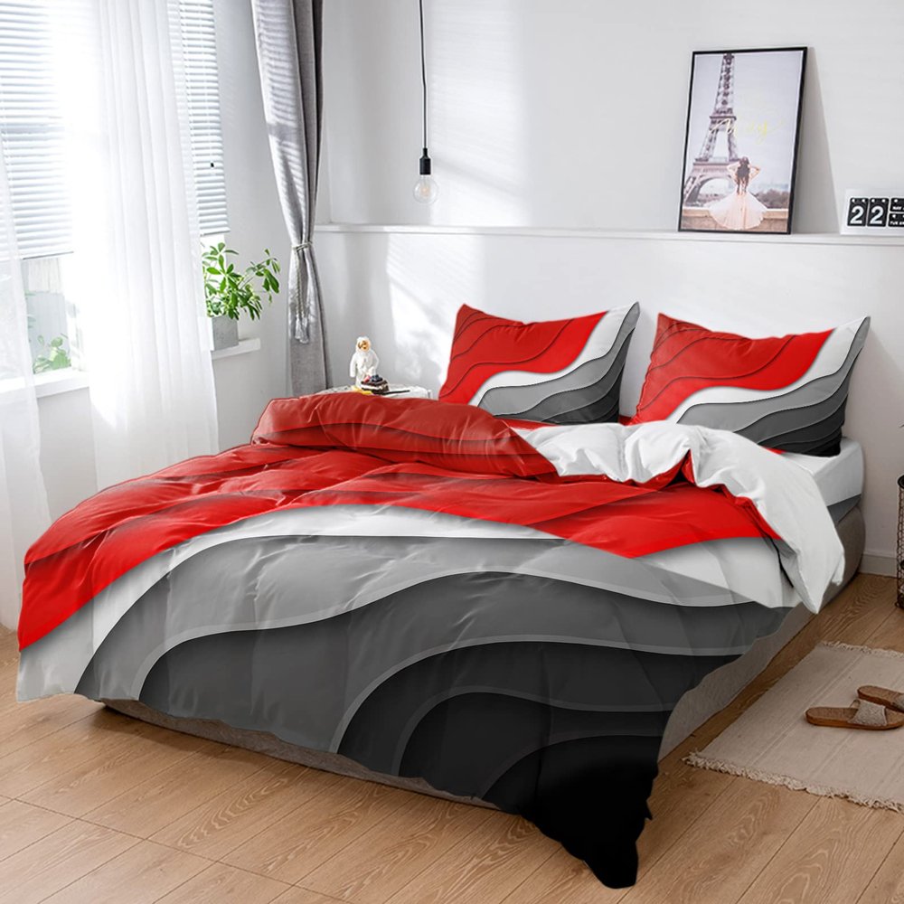 4 Piece Full Abstract Red Black Grey Ripple Striped Breathable Comforter Covers Ultra Soft Bed Sheet with Decoretive 2 Pillow Shams Bedding Collection Sets Modern Art