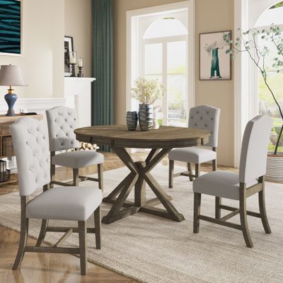 RUNNA Elegant Farmhouse Wooden 5-Piece Dining Table Set with Extendable Table and 4 Upholstered Chairs,Suitable for DiningRoom Small Places LivingRoom Use (Natural Wood Wash@K)