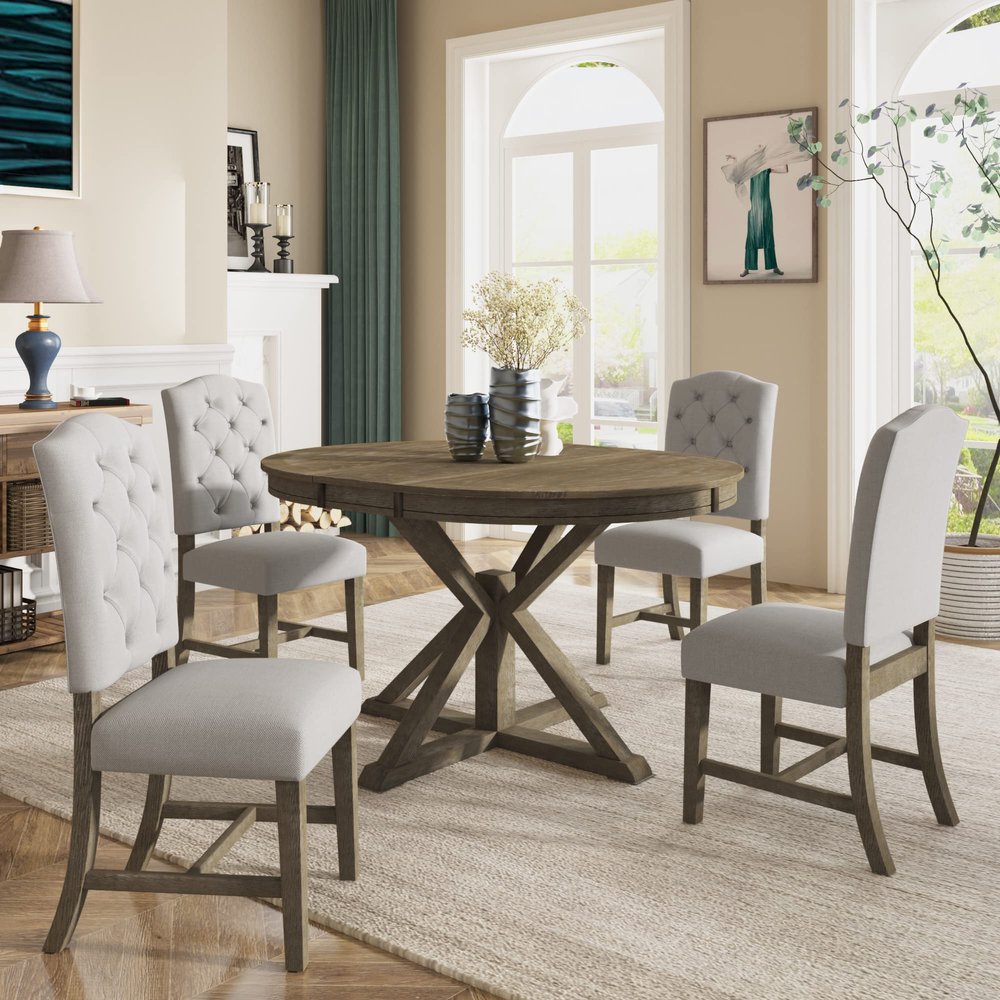 RUNNA Elegant Farmhouse Wooden 5-Piece Dining Table Set with Extendable Table and 4 Upholstered Chairs,Suitable for DiningRoom Small Places LivingRoom Use (Natural Wood Wash@K)