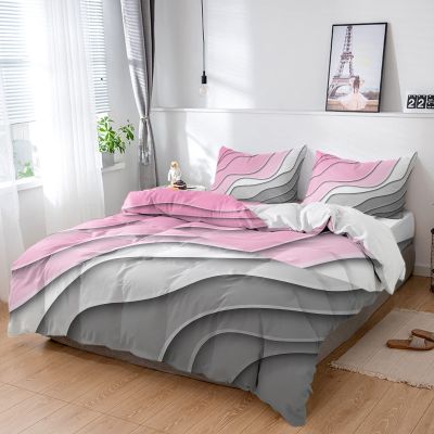 4 Piece Full Modern Pink Grey White Color Ombre Breathable Comforter Covers Ultra Soft Bed Sheet with Decoretive 2 Pillow Shams Bedding Collection Sets Contemporary Ripple Stripe