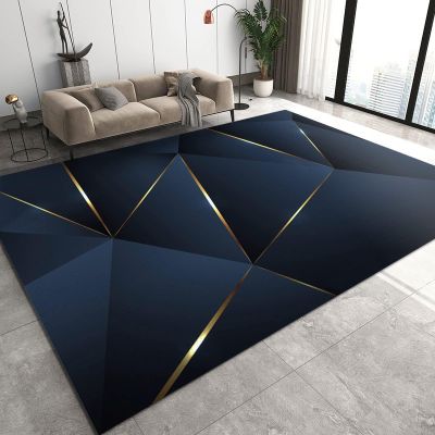 Modern Blue Gold Line Geometry Area Rug, Retro Light Luxury Art Style Indoor Non-Slip Kids Rugs, Machine Washable Breathable Durable Carpet for Front Entrance Floor Decor-2x3ft