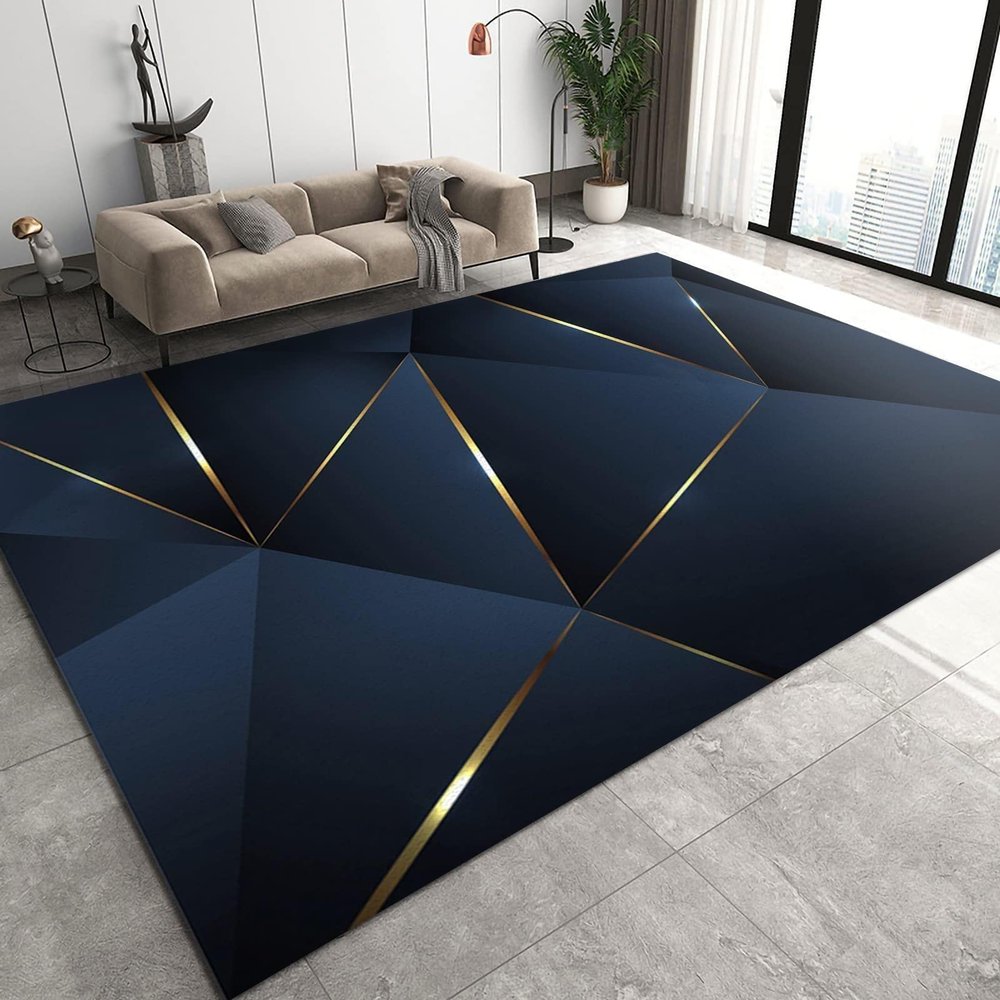Modern Blue Gold Line Geometry Area Rug, Retro Light Luxury Art Style Indoor Non-Slip Kids Rugs, Machine Washable Breathable Durable Carpet for Front Entrance Floor Decor-2x3ft