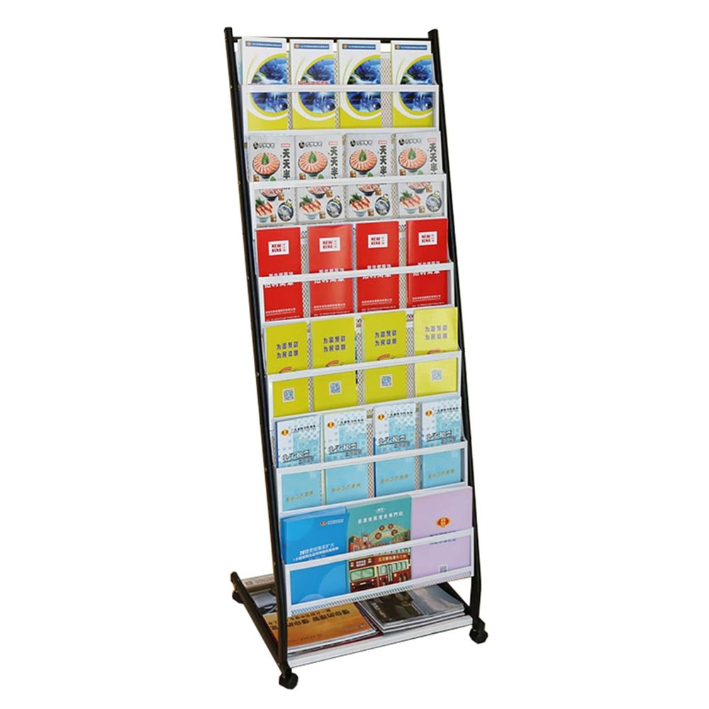 CMYUN Brochure Display Holder Magazine Rack with Wheels, Black Commercial Newspaper Storage Stands with 6 Pockets, Large Book Racks for Shelves