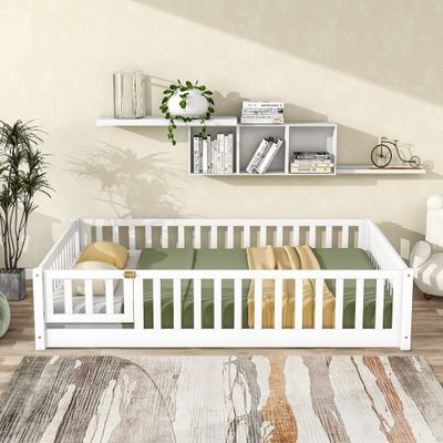 LLS Full Floor Bed for Children, Durable Montessori Floor Bed with Wood Slats, Safety Fence & Small Door, Wood Floor Bed Frame for Girls Boys Children, White (with Bed Slats)