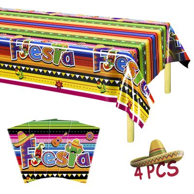 4 PCS Cinco De Mayo Tablecloth, 108"x54" Mexican Fiesta Tablecovers, Disposable Mexican Striped Table Covers, Plastic Party Table Cloth for Mexican Themed Party Supplies Carnival Taco Night Birthday