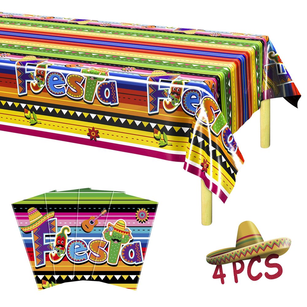 4 PCS Cinco De Mayo Tablecloth, 108"x54" Mexican Fiesta Tablecovers, Disposable Mexican Striped Table Covers, Plastic Party Table Cloth for Mexican Themed Party Supplies Carnival Taco Night Birthday