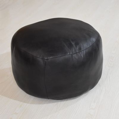 BBHHOMES Handmade Eco-Friendly Plain Solid Design Leather Canvas Pouf Black Color Round Shaped 21" x 21" x 12" Leather Canvas Pouf for Living Room, Bedroom Seating
