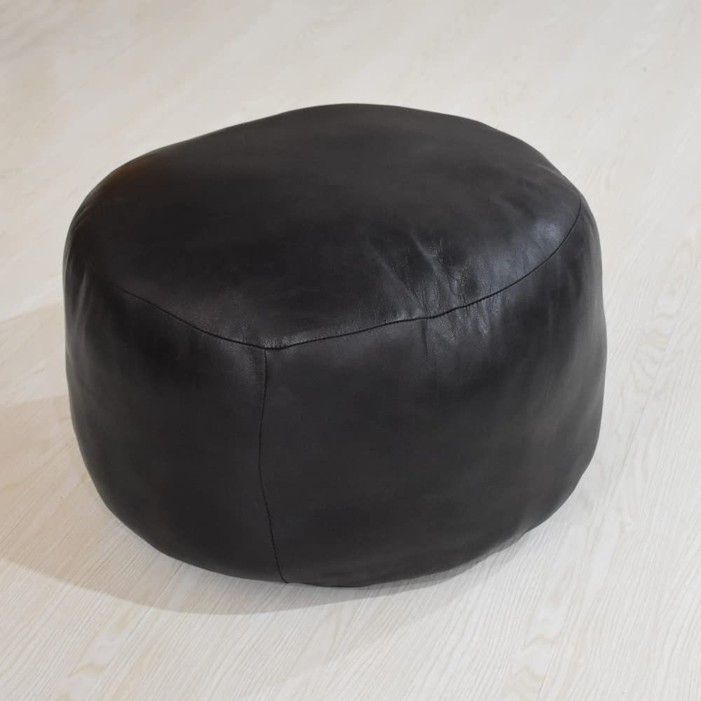 BBHHOMES Handmade Eco-Friendly Plain Solid Design Leather Canvas Pouf Black Color Round Shaped 21" x 21" x 12" Leather Canvas Pouf for Living Room, Bedroom Seating