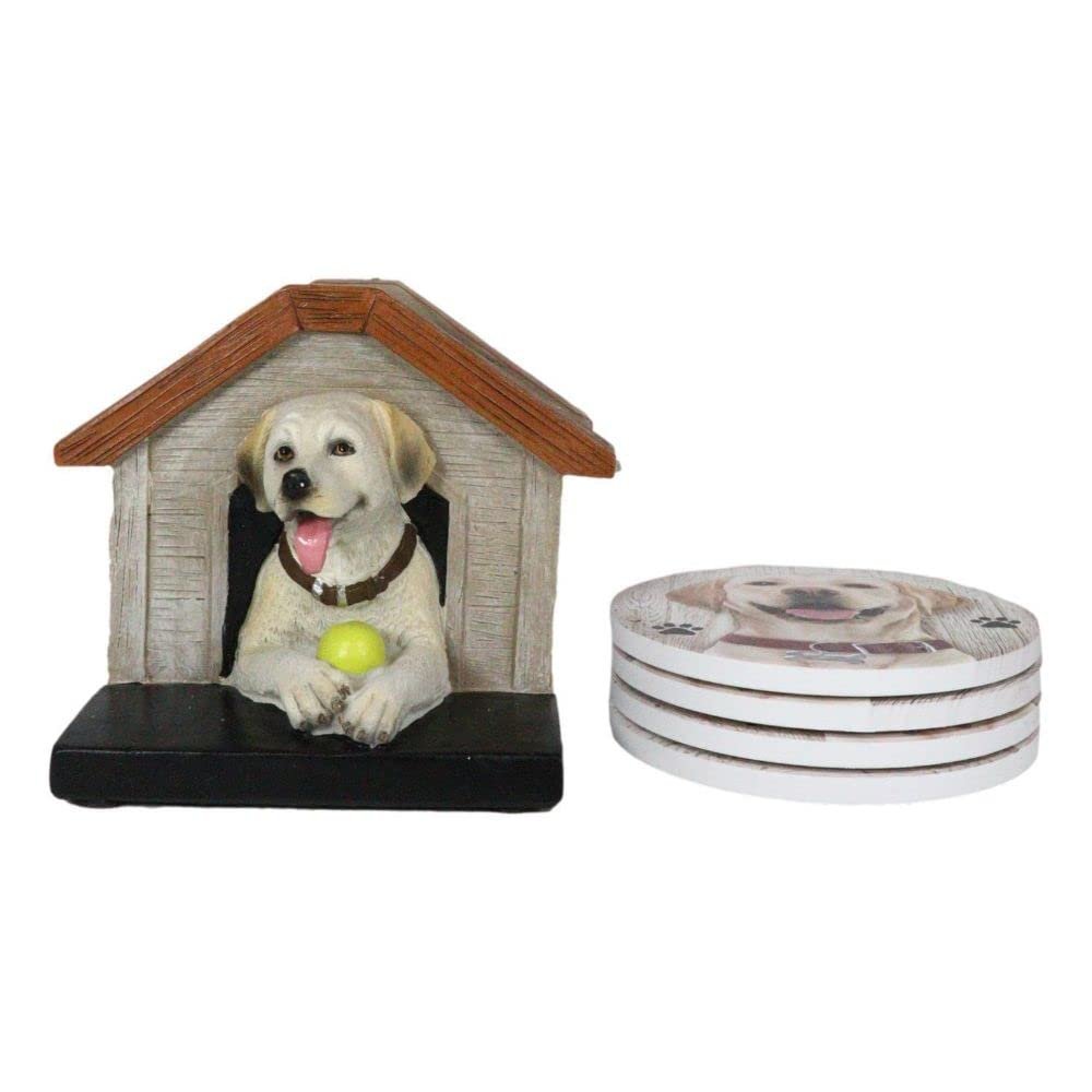 1 Pcs of Cute Golden Puppy Dog in Doghouse Coaster Set Holder and 4 Coasters