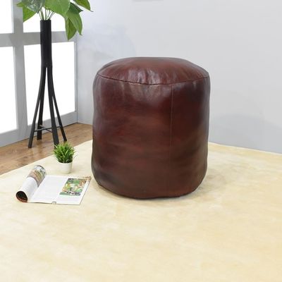 BBHHOMES Handmade Eco-Friendly Solid Leather Pouf Cherry Color Round 16" x 16" x 16" Goat Leather Pouf for Living Room, Bedroom Seating, Patio