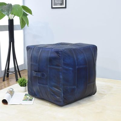 BBHHOMES Handmade Eco-Friendly Geometric Leather Pouf Vintage Blue Color Square 14" x 14" x 14" Buffalo Leather Pouf for Living Room, Bedroom Seating, Patio