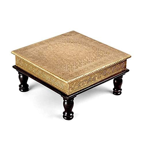 Aakrati Devyom NZTrader 15 x 15 x 6.5 inch Brass and Wooden Indian chowki, Low Stool, Ottoman, bajot, Temple Stool, Golden Low Stool, Indian Furniture, Foot Stool, Low Table