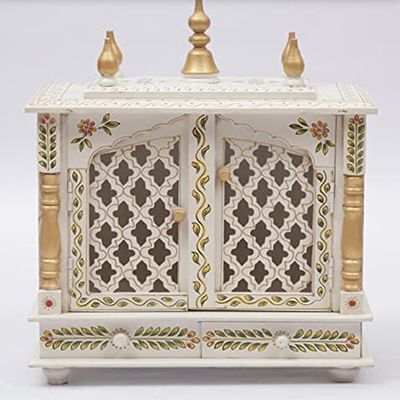 Aakrati Devyom Devyom Small Wooden Pooja Mandir Indian Hindu Decoration Puja Cabinet Temple Bhagwan Stand Mandapam Wall Hanging Decor for Home in USA (White, Medium-20x12x24)