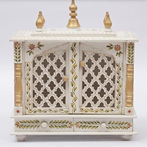 Aakrati Devyom Devyom Small Wooden Pooja Mandir Indian Hindu Decoration Puja Cabinet Temple Bhagwan Stand Mandapam Wall Hanging Decor for Home in USA (White, Medium-20x12x24)