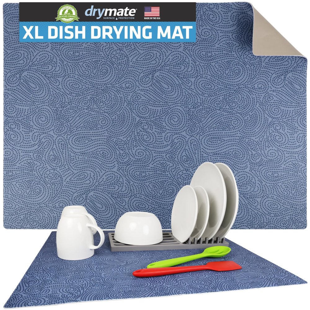 Drymate Jumbo XL Dish Drying Mat (19x24), Low-Profile, Super Absorbent, Quick Dry Fabric, Waterproof & Slip-Resistant, for Kitchen Counter, Trimmable, Easy to Clean (USA Made)(Blue)