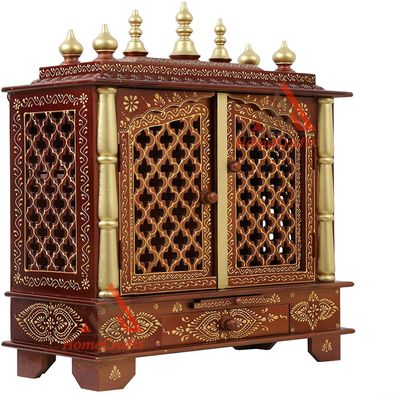 Aakrati Devyom Devyom Handpainted Wooden Home Temple/Home mandir/god stand for home/pooja stand/home mandap/pooja mandir with Doors and (Color-Golden) (in Side LED Lights) Medium Size- 18x12x24 Inch