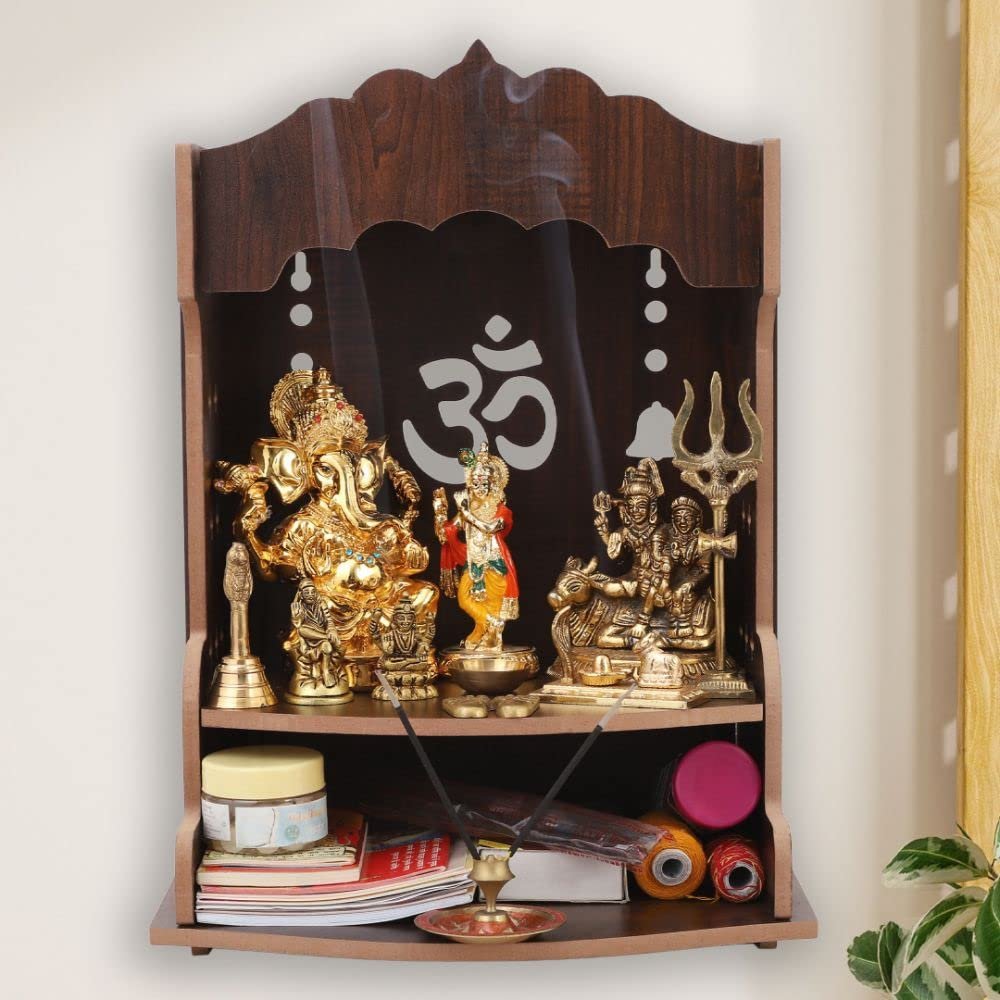 Aakrati Devyom Devyom Pooja Wooden Mandir for Home Wall Mounted Wood Puja Home Temple with Double Shelf for Storage and God Idols Decoration for Living Room, Bedroom and Office