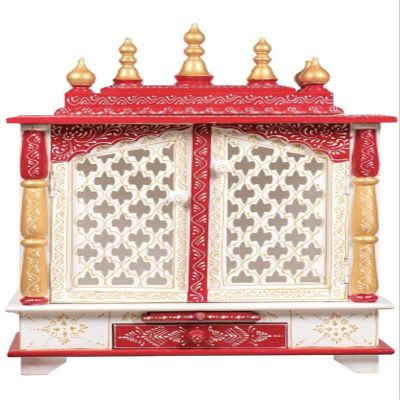 Aakrati Devyom Devyom Wooden Pooja Mandir Indian Hindu Decoration Puja Cabinet Temple Bhagwan Stand Mandapam Wall Hanging Decor for Home in USA (White Red)