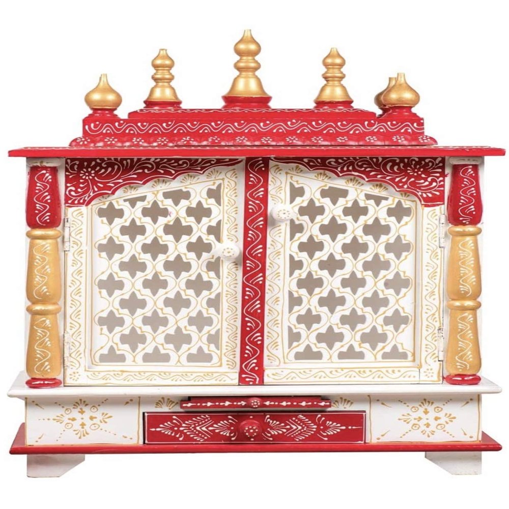 Aakrati Devyom Devyom Wooden Pooja Mandir Indian Hindu Decoration Puja Cabinet Temple Bhagwan Stand Mandapam Wall Hanging Decor for Home in USA (White Red)