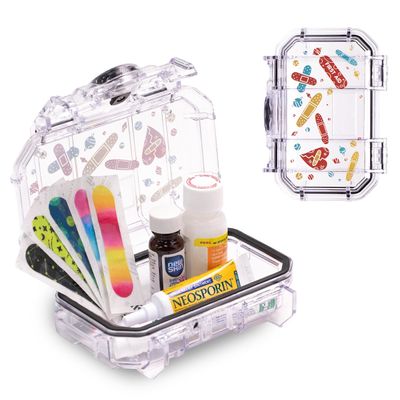Evergreen X Seahorse 52 Medication Lock Box - Small, First Aid Kit, Childproof, Empty Lockable Medicine Box to Store Medications, Diabetic Supplies, Needles. NO SUPPLIES INCLUDED (Clear + Bandaid)