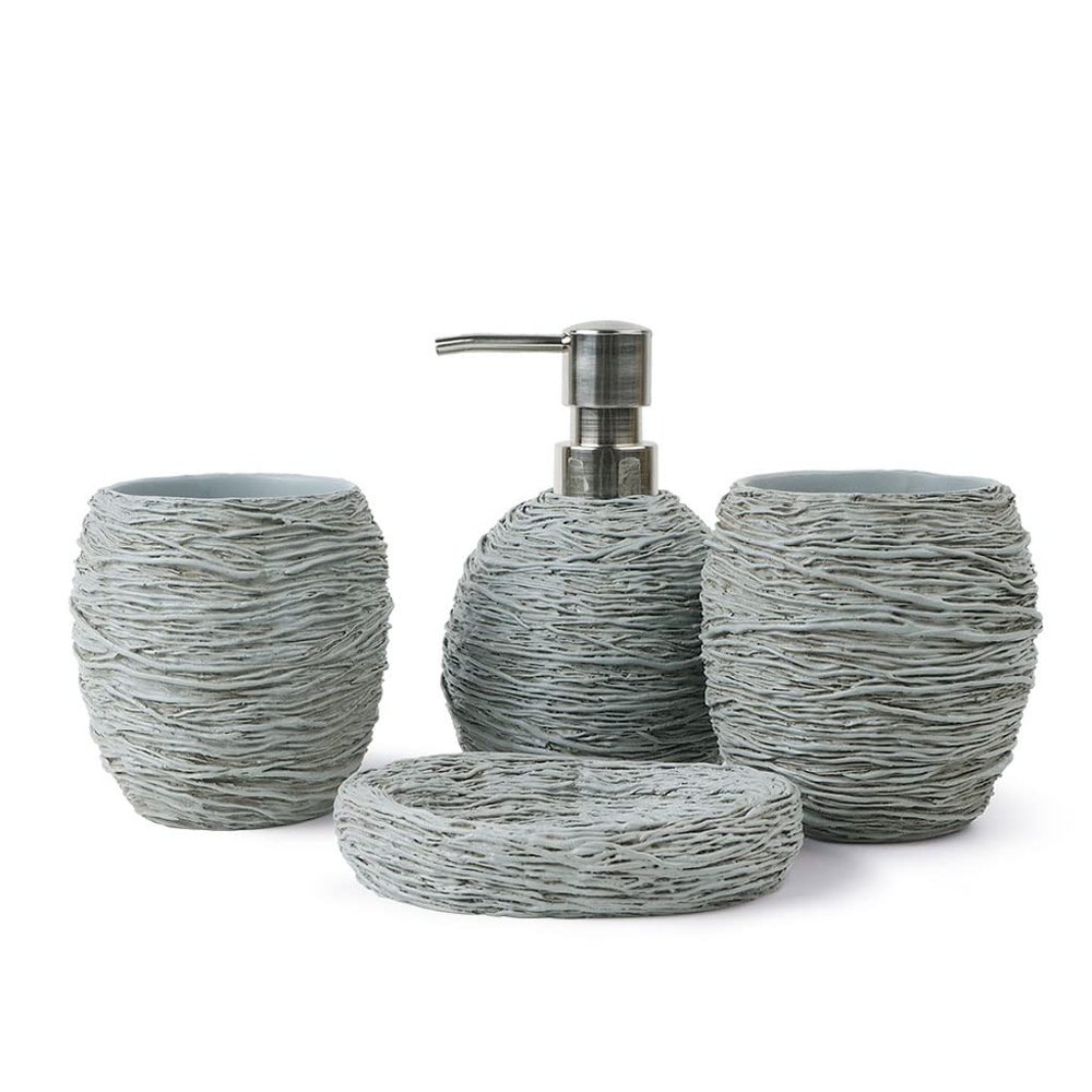 NOBRIM Bathroom Accessory Resin Bathroom Accessories Sets 4-Pieces Bird's Nest Design Bathroom Set Soap Dispenser Tumbler and Soap Dish Bathroom Wash Set Bathroom Wash Set