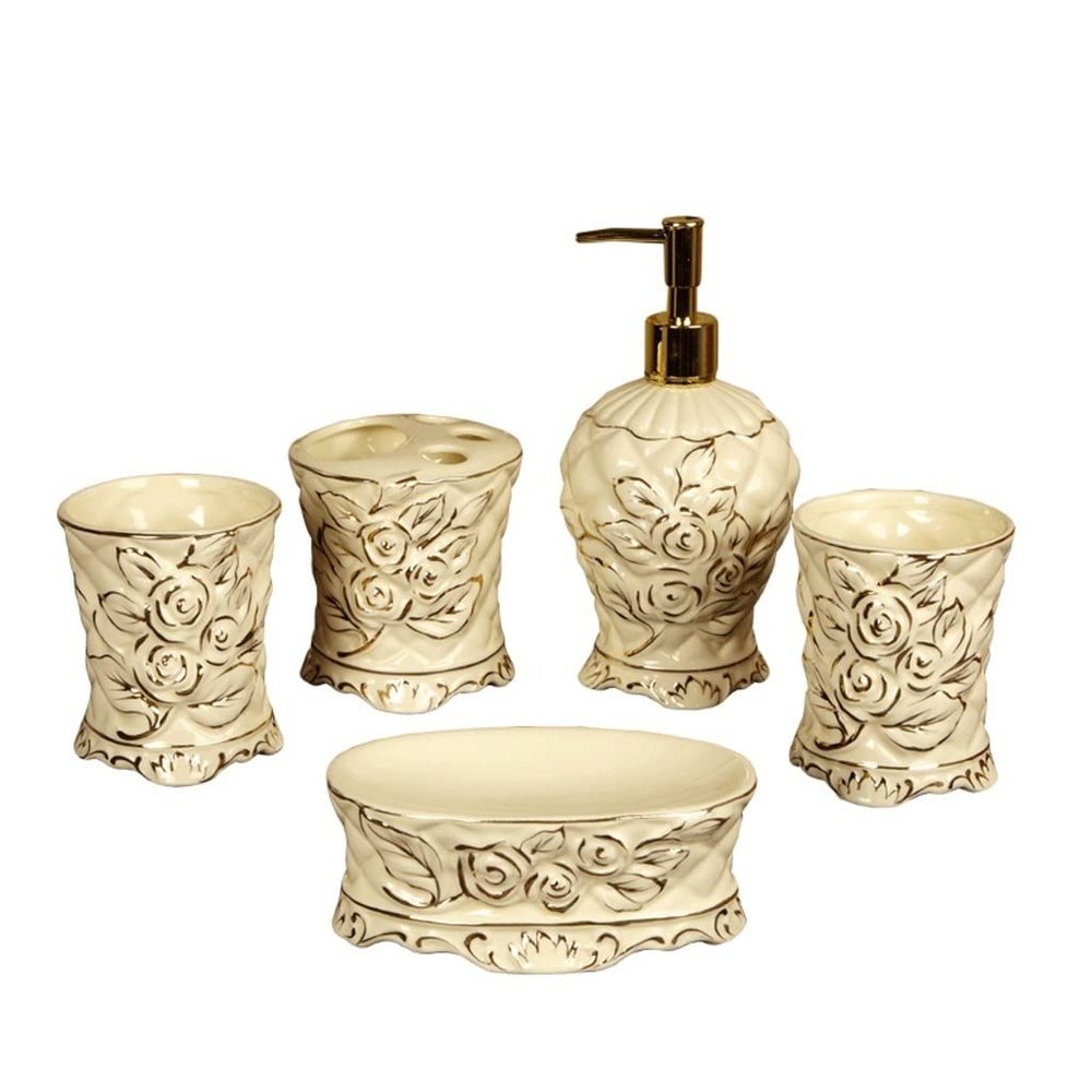 NOBRIM Bathroom Accessory Ceramic Bathroom Accessories Set 5-Pieces Exquisite Bathroom Suit Soap Dispenser Toothbrush Holder Soap DishTumbler Bathroom Set Bathroom Wash Set