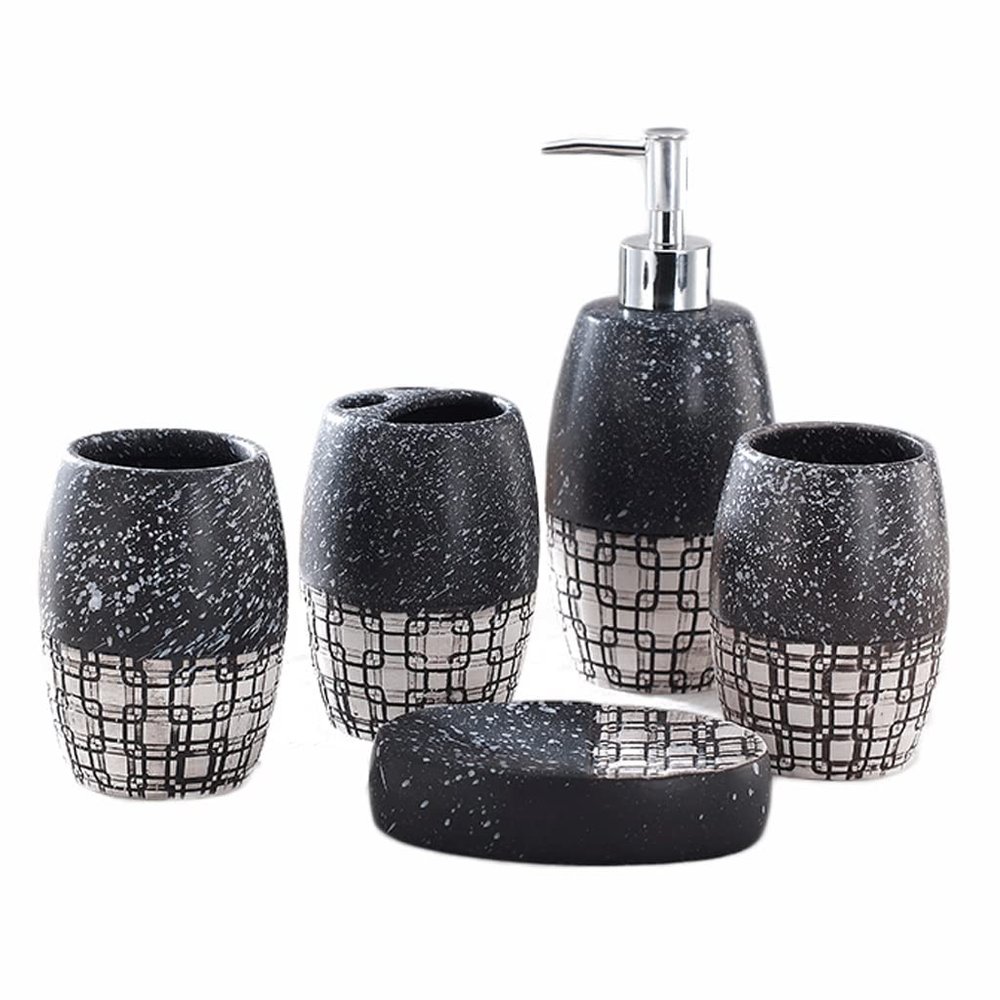NOBRIM Bathroom Accessory 5-Piece Bathroom Accessories Set Bathroom Wash Set with Lotion DispenserSoap Pump, Soap Dish, Tumbler and Toothbrush Holder Bathroom Wash Set
