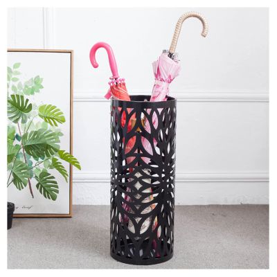 PPGE Umbrella Holder Metal Umbrella Stand, Indoor/Outdoor Modern Umbrella Bucket with Hooks and Drip Tray, Hollowed Out Decorative, Canes and Umbrella Rack for Home, Office and Entryway (Color:Black)