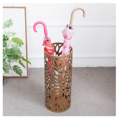 PPGE Umbrella Holder Metal Umbrella Stand, Indoor/Outdoor Modern Umbrella Bucket with Hooks and Drip Tray, Hollowed Out Decorative, Canes and Umbrella Rack for Home, Office and Entryway (Color:Gold)