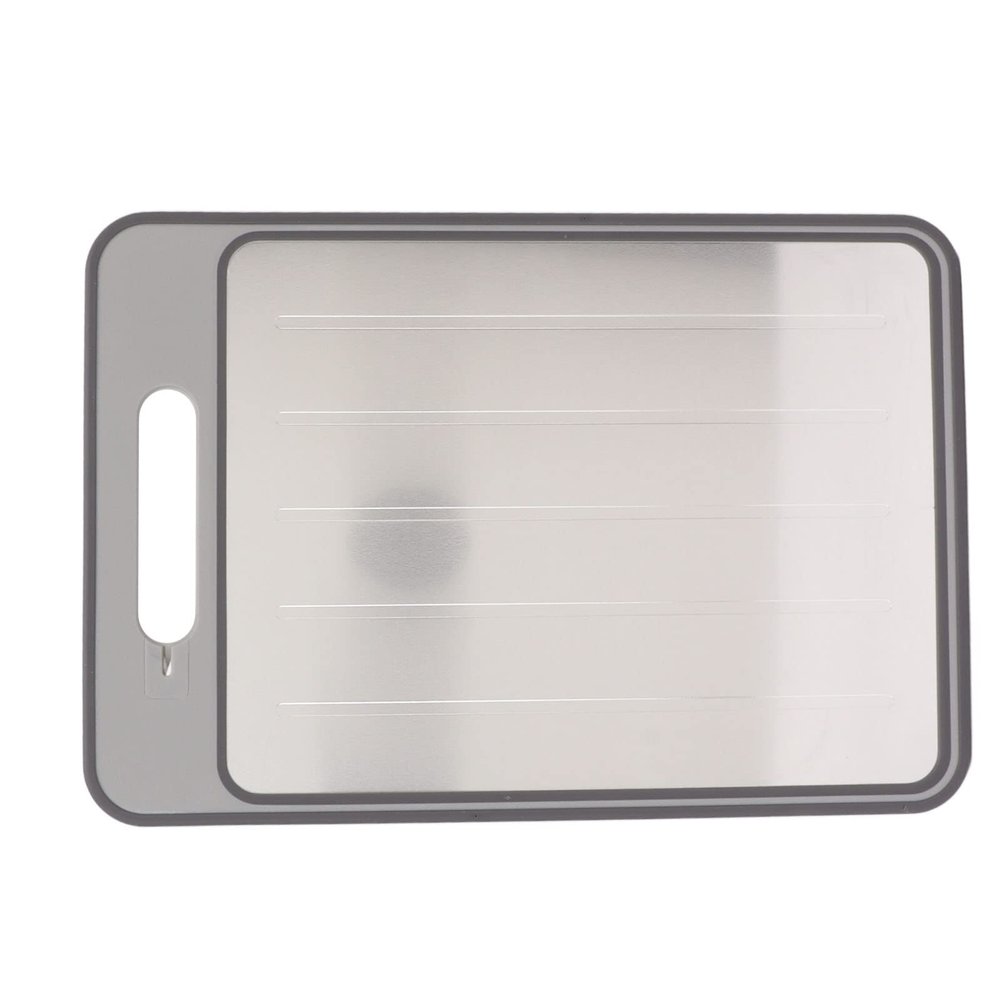 Cutting Board, Dual Sided Aluminum Alloy Grinding Defrosting Tray Heat Cold Resistance with Sharpener for Frozen Meat (Grey)