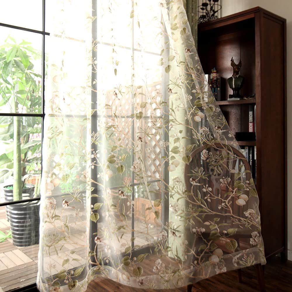 AZIMUZIXI Farmhouse Birds Design Sheer Curtains 72 Inch Long for Bedroom Living Room,Country Style Botanical Garden Fruit Tree Pattern Leaf Print Light Filtering Window Treatment Sets 2 Panels