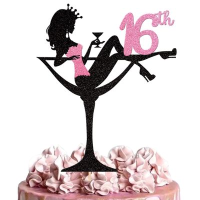1 PCS Sitting Cake Topper Glitter Sixteen High Heel Girl 16th Birthday Cake Pick Cheers to 16 Years Cake Decorations for Lady Makeup Spa Theme Happy 16th Birthday Party Supplies Pink