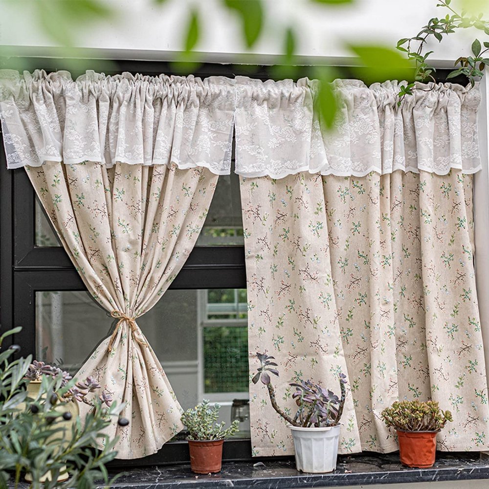 A.Monamour Short Curtain for Small Window 2 Panels Beige Cotton Linen Lace Boho Floral Farmhouse Botanical Window Valance Panel Drapes Half Curtain for Kitchen Bedroom Cabinet Curtain Door Curtain