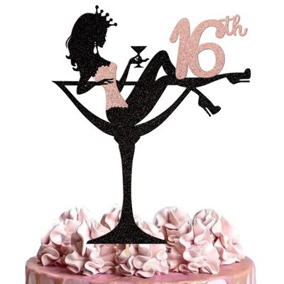1 PCS Sitting 16th Birthday Cake Topper Glitter Sweet Sixteen High Heel Girl Cake Pick for Lady Makeup Spa Theme Cheers to 16th Birthday Party Cake Decorations Supplies Rose Gold