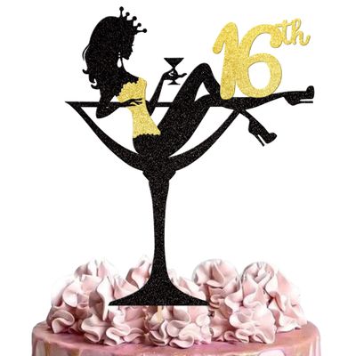 1 PCS Sitting Girl Cake Topper Glitter Sixteen High Heel Girl 16th Birthday Cake Pick for Cheers to 16 Years Lady Makeup Spa Theme Happy 16th Birthday Party Cake Decorations Supplies Gold