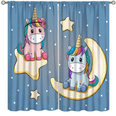 Cartoon Unicorn Curtains,Starry Sky Moon Cute Cartoon Watercolor Animal Print Kids Bedroom Living Room Window Curtains 72x63in