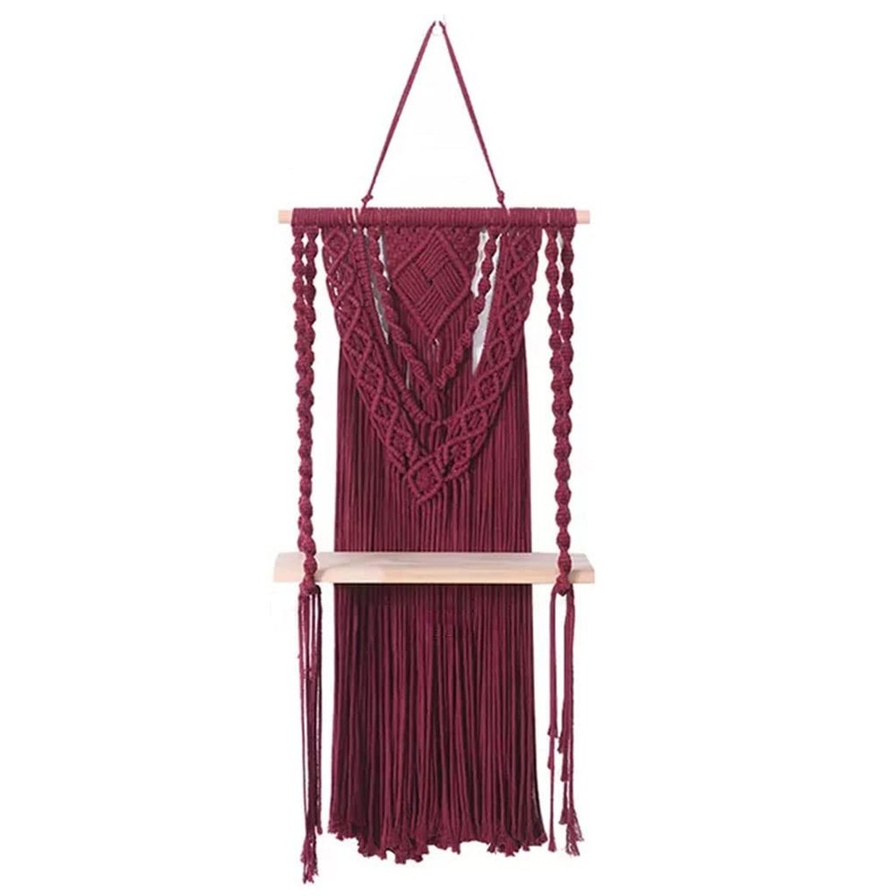 Macrame Wall Hanging Red Hand-Woven Tassel Tapestry Wall Shelf, Suitable for Home Accommodation/Office