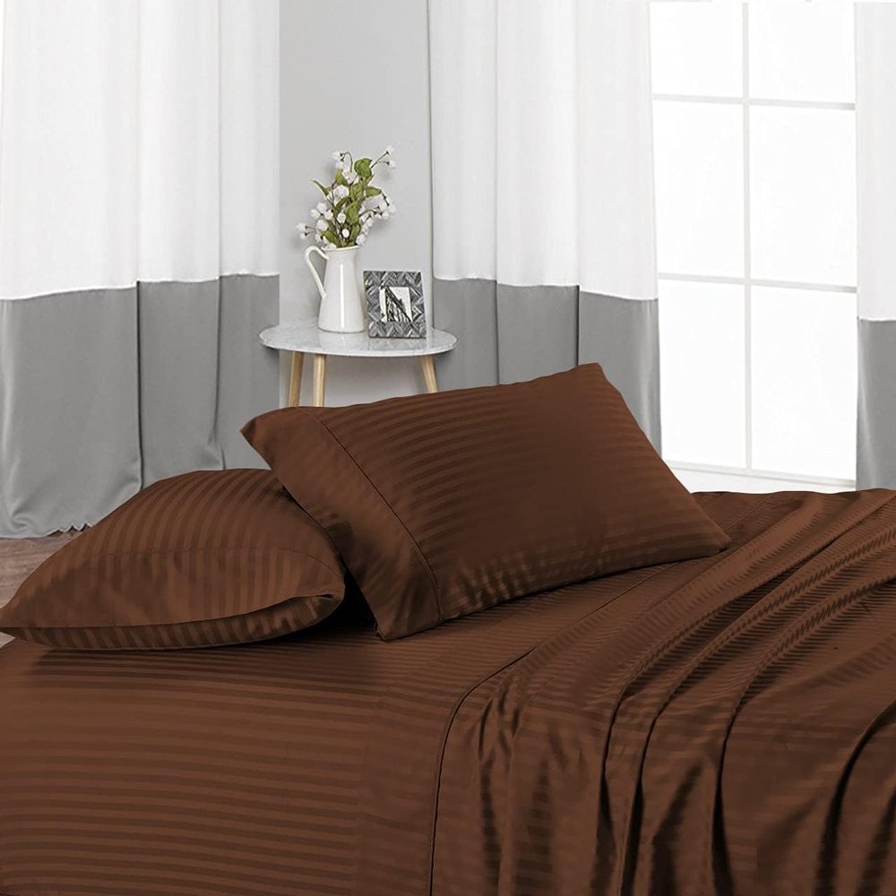British-Linen Split King 4 Piece Luxury Sheets for Adjustable Beds - 15" Deep Pocket Extra Soft 100% Egyptian Cotton & 400TC - Top Split Upto 32" from Bottom - Chocolate Stripe, King Size.