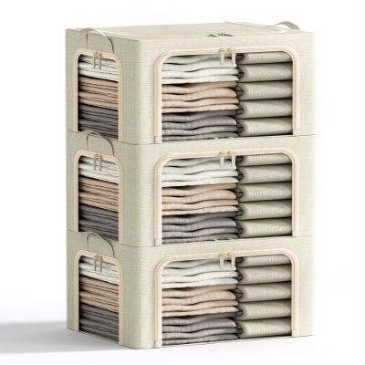 3 Openings Clothes Storage Bins with Metal Frame, Foldable Storage Bin for Clothes, Clothing Storage Bins with Lid, Linen Storage Box With Clear Window Zippers Durable Handles.(3 Pcs,Beige,40L)