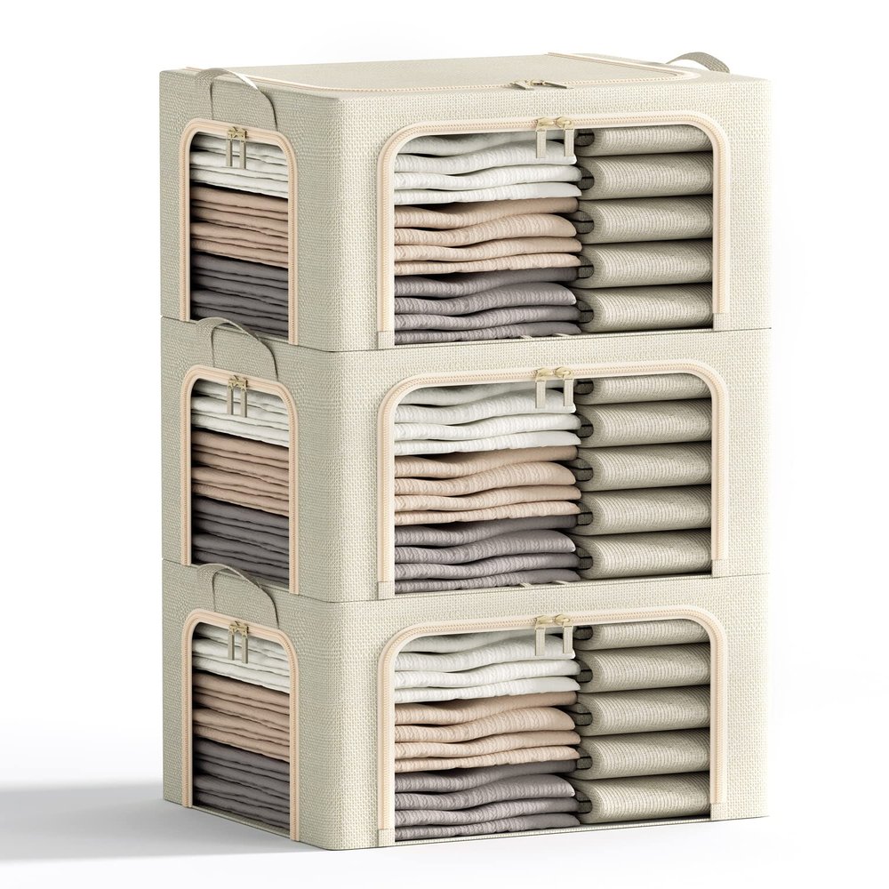 3 Openings Clothes Storage Bins with Metal Frame, Foldable Storage Bin for Clothes, Clothing Storage Bins with Lid, Linen Storage Box With Clear Window Zippers Durable Handles.(3 Pcs,Beige,40L)