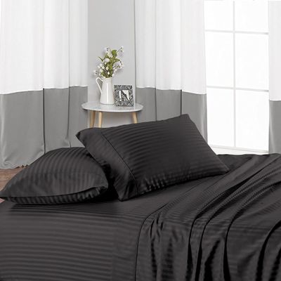 British-Linen Split King 4 Piece Luxury Sheets for Adjustable Beds - 30" Deep Pocket Extra Soft 100% Egyptian Cotton & 400TC - Top Split Upto 39" from Bottom - Dark Grey Stripe, King Size.