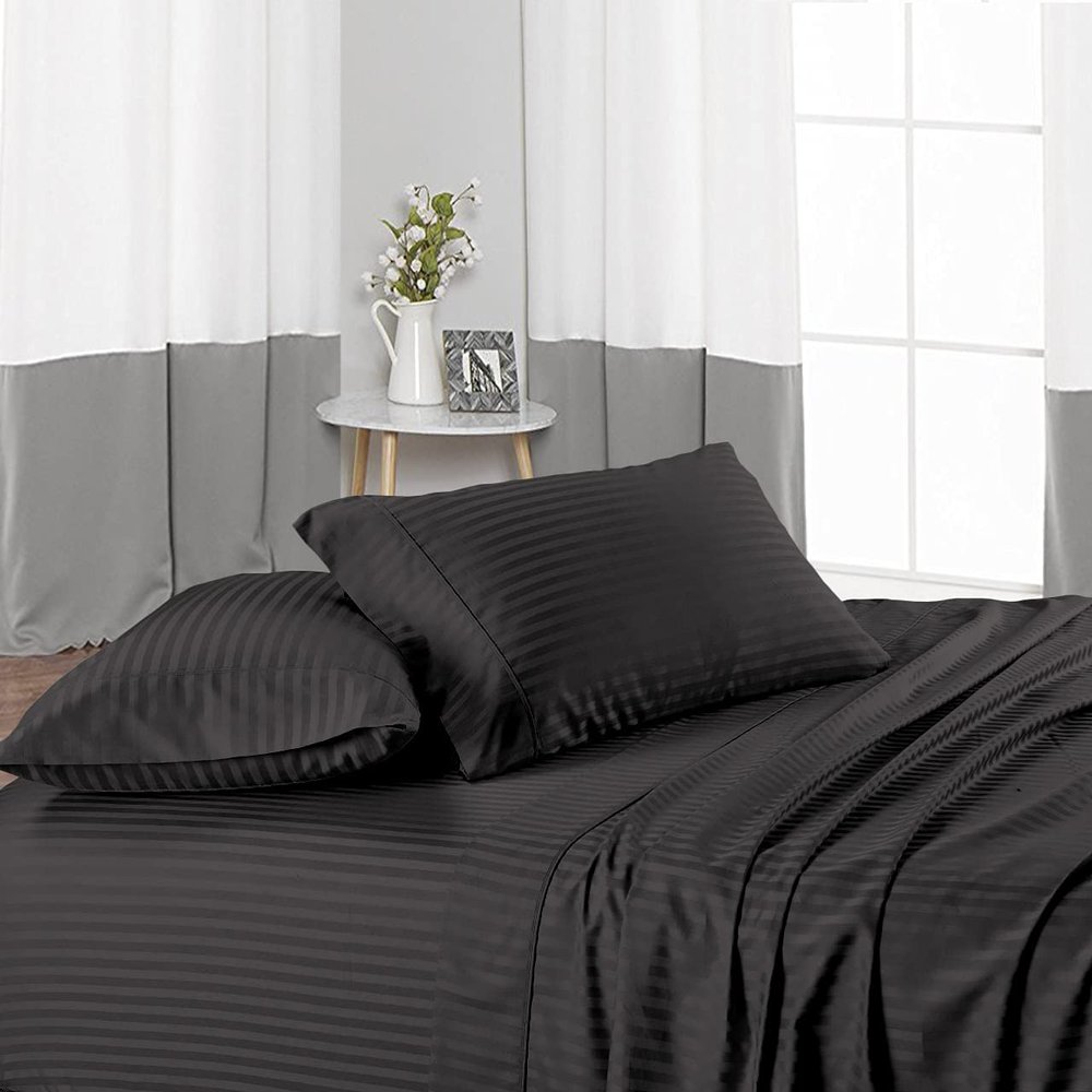 British-Linen Split King 4 Piece Luxury Sheets for Adjustable Beds - 30" Deep Pocket Extra Soft 100% Egyptian Cotton & 400TC - Top Split Upto 39" from Bottom - Dark Grey Stripe, King Size.
