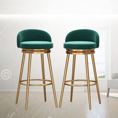 XOUVY 2 PCS High Back Bar Stools Velvet Padded Bar Chairs Counter Height Bar Stool for Kitchen Island Breakfast Barstools Gold Metal Legs 26 inch Seat Height