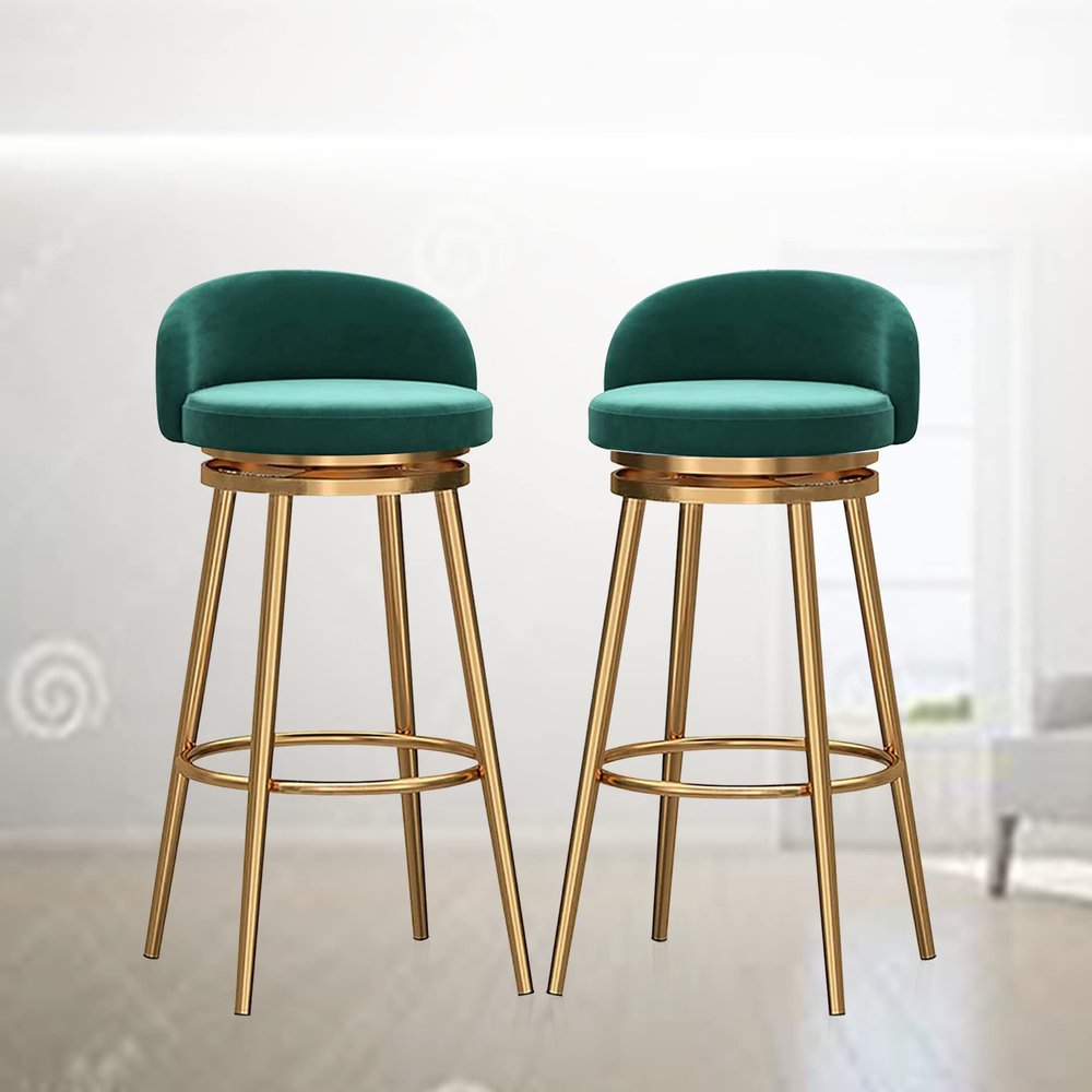 XOUVY 2 PCS High Back Bar Stools Velvet Padded Bar Chairs Counter Height Bar Stool for Kitchen Island Breakfast Barstools Gold Metal Legs 26 inch Seat Height