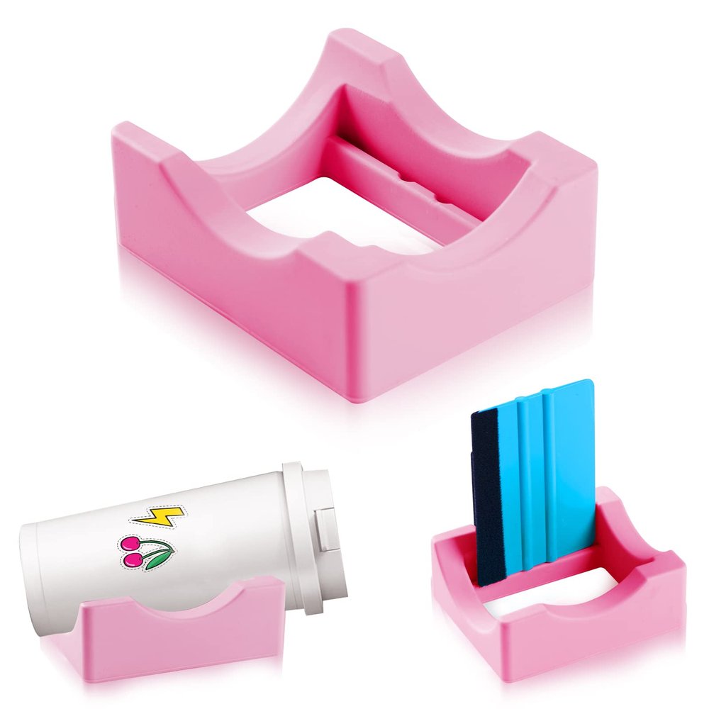 Silicone Cup Cradle for Tumblers with Built-in Slot, Tumbler Holder for Crafts Use to Apply Vinyl Decals for Tumblers, Small Tumbler Stand Cup Holder with Felt Edge Squeegee for Cups Bottles (Pink)